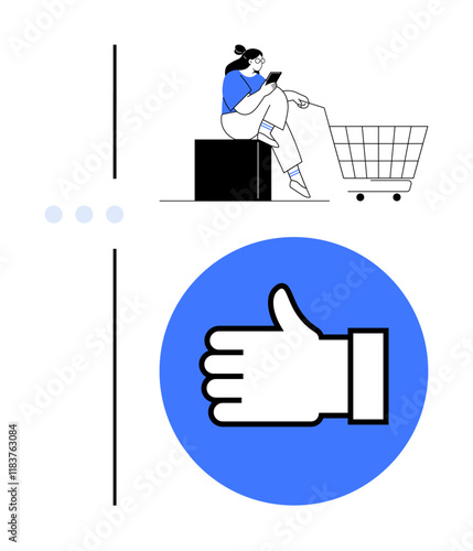 Woman checking phone near shopping cart, large thumbs-up icon in blue circle. Ideal for online shopping, customer feedback, digital marketing, consumer behavior, e-commerce, user engagement