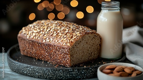 Loaf of oat bread with almond milk. photo