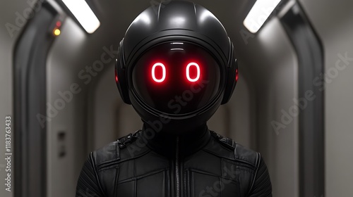 Mysterious Figure in Futuristic Helmet: Dark, Red-Lit Cyberpunk Portrait photo