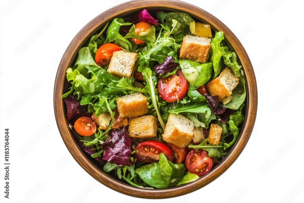 Tasty Caesar salad in a bowl seen from above on a white background Tasty Caesar salad in a bowl seen from above on a white background