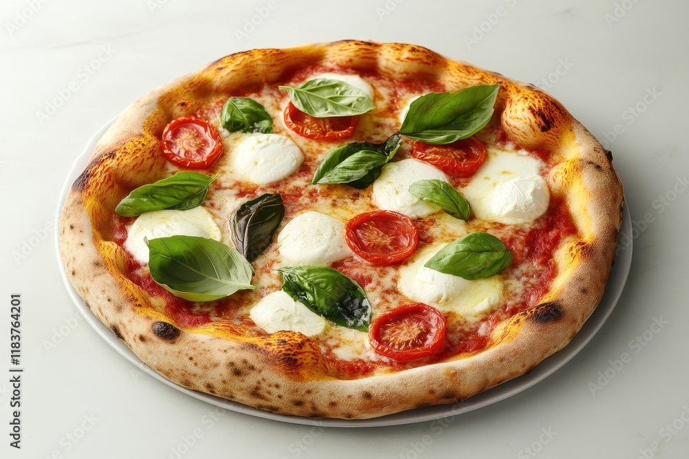 Tasty Caprese pizza featuring tomatoes mozzarella and basil on a pale grey surface Tasty Caprese pizza featuring tomatoes mozzarella and basil on a pale grey surface