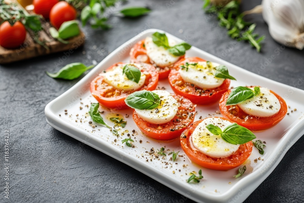 Tasty caprese salad starter on a white plate Tasty caprese salad starter on a white plate