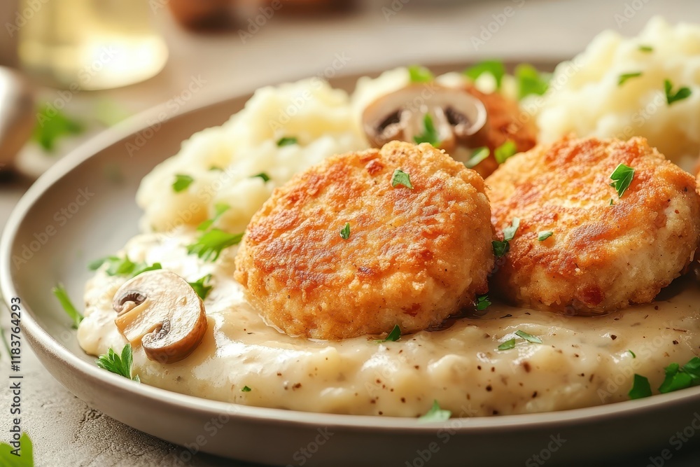 Tasty chicken cakes with creamy potatoes and mushroom sauce in a bright beige environment Tasty chicken cakes with creamy potatoes and mushroom sauce in a bright beige environment