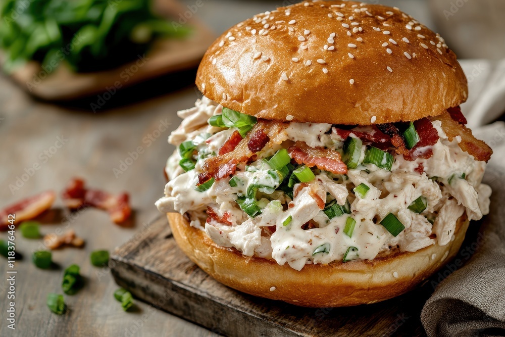 Tasty chicken salad sandwich on a sesame bun topped with bacon green onions cheese and ranch sauce Ideal for lunch or dinner Square image with ample space for t Tasty chicken salad sandwich on a sesame bun topped with bacon green onions cheese and ranch sauce Ideal for lunch or dinner Square image with ample space for t