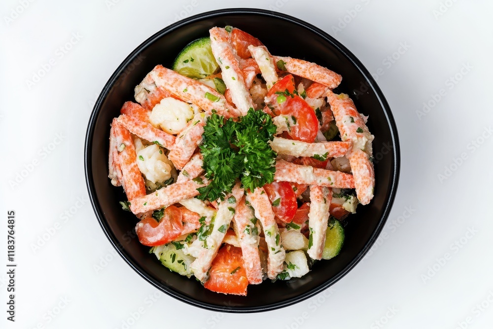 Tasty crab stick salad in a black bowl on a white background viewed from above Tasty crab stick salad in a black bowl on a white background viewed from above