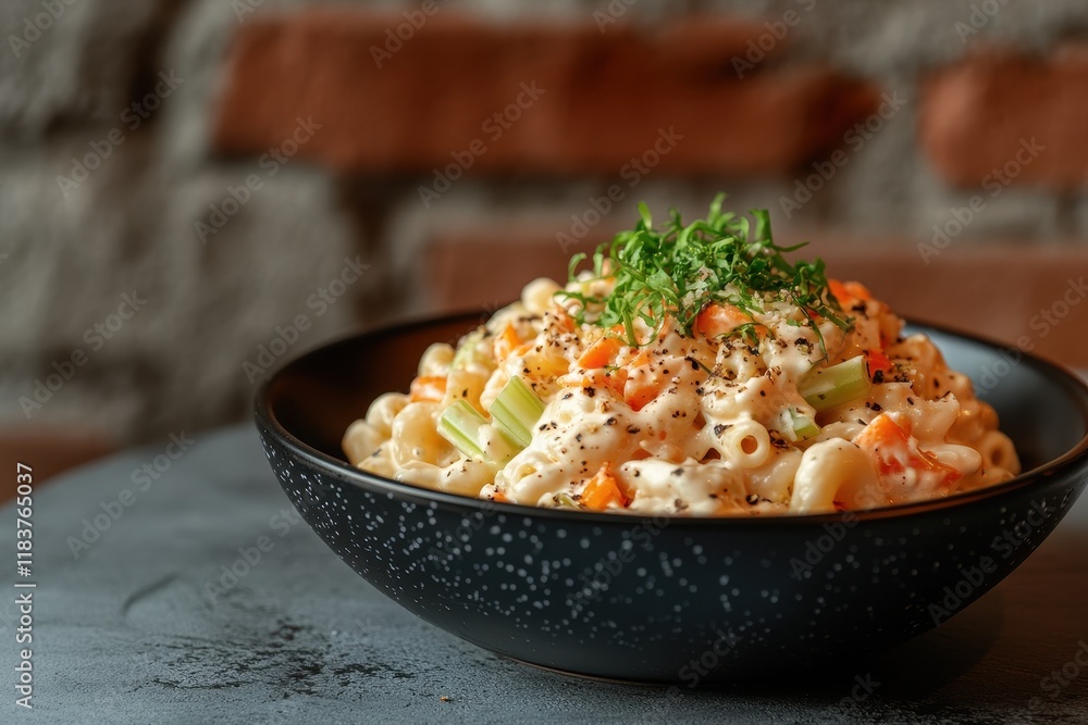 Tasty creamy elbow pasta salad with carrots celery and spring onions in mayo served in a black bowl on a concrete table against a brick wall Tasty creamy elbow pasta salad with carrots celery and spring onions in mayo served in a black bowl on a concrete table against a brick wall