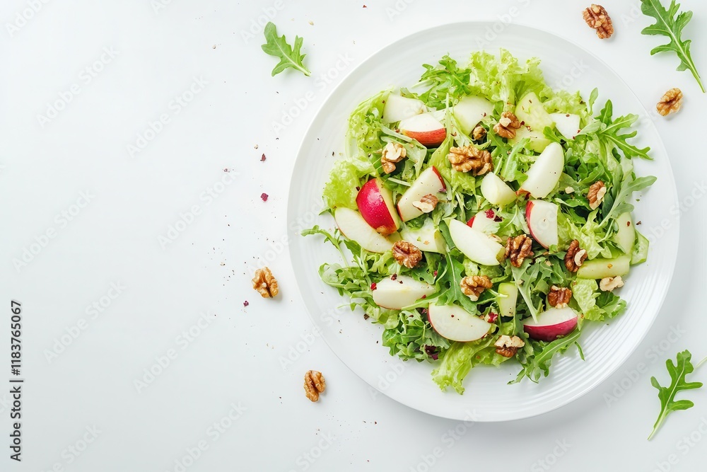Tasty crunchy vegan salad featuring apples celery lettuce arugula and walnuts on a plate viewed from above against a white backdrop Tasty crunchy vegan salad featuring apples celery lettuce arugula and walnuts on a plate viewed from above against a white backdrop