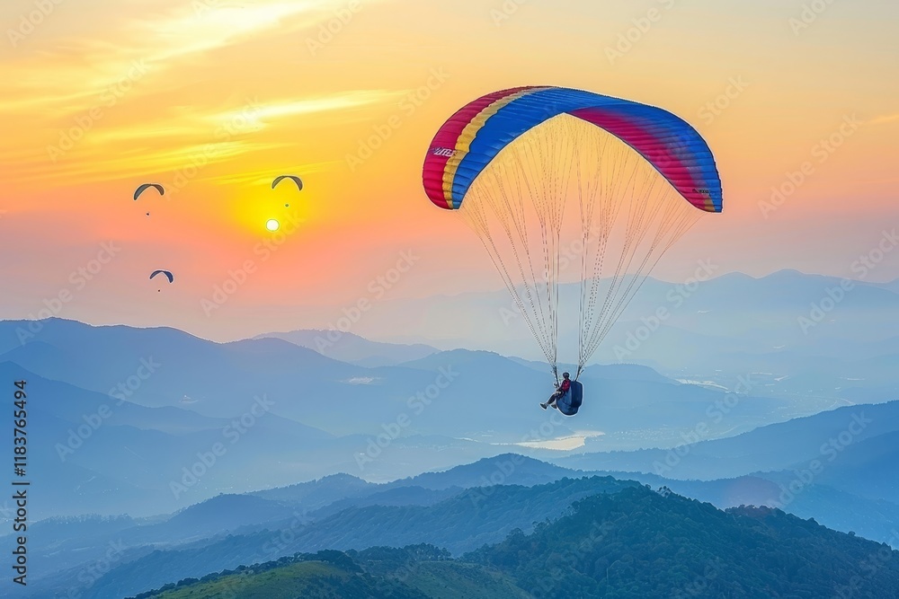 Colorful paragliders glide over mountains at sunset, capturing adventure and nature s beauty. Colorful paragliders glide over mountains at sunset, capturing adventure and nature s beauty.