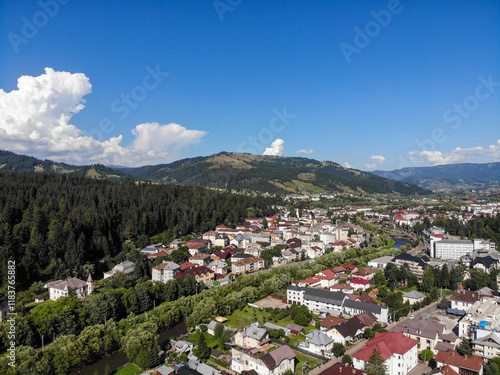 Aerial view with mountain landscape in Romania at Vatra Dornei photo