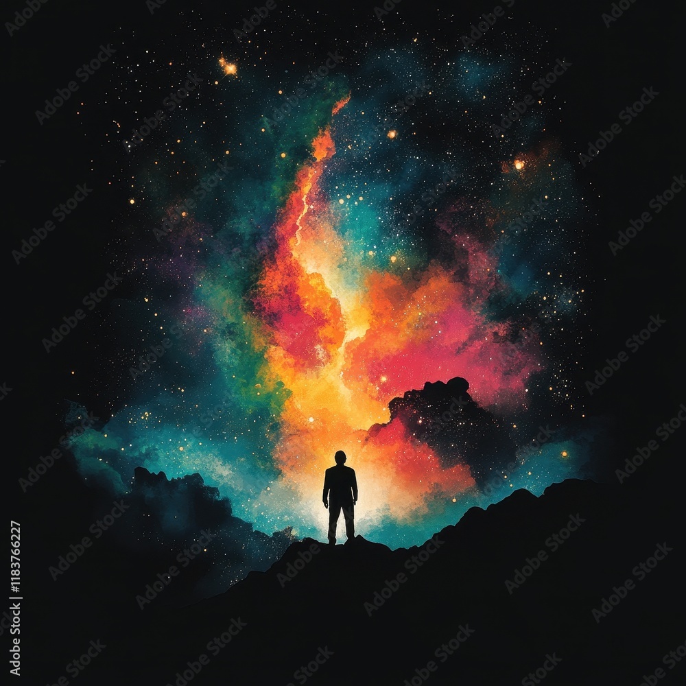 Fototapeta premium A Solitary Figure Contemplates A Cosmic Nebula