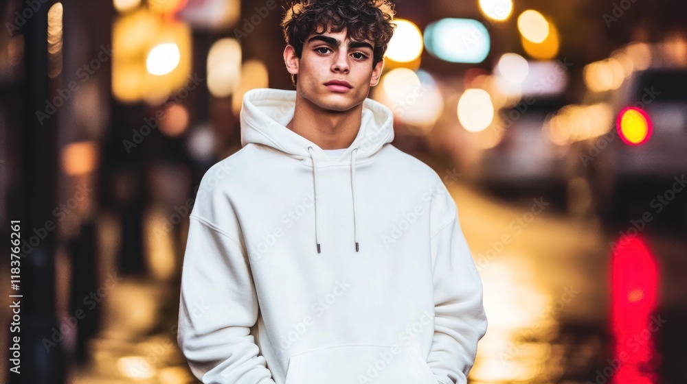 Fototapeta premium Night City Portrait: Young Man in White Hoodie