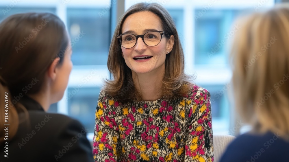 Fototapeta premium Businesswomen Meeting: A candid discussion between three successful professionals in a modern office setting.
