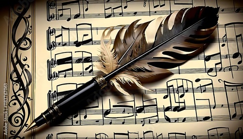 Feather Pen Resting on Musical Sheet Music photo