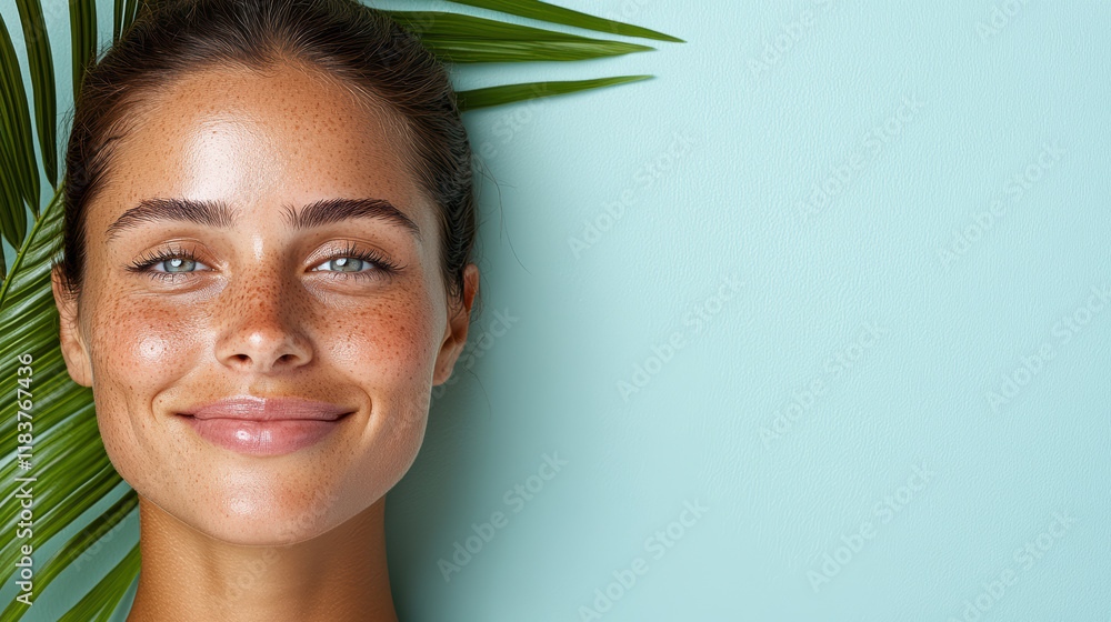 smiling woman with clear skin and freckles against light background smiling woman with clear skin and freckles against light background