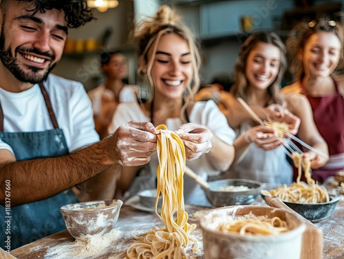 Joyful friends making pasta, floury hands, kitchen setting.