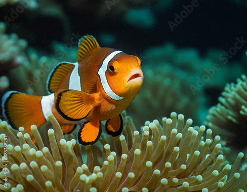 Clownfish (Amphiprion ocellaris) in the sea, with anemone