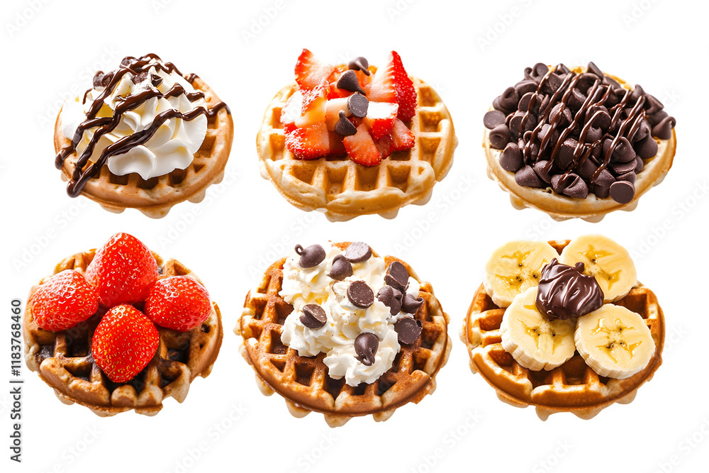 Six Assorted Mini Waffles with Various Toppings Isolated On A White Background, PNG Transparent Six Assorted Mini Waffles with Various Toppings Isolated On A White Background, PNG Transparent