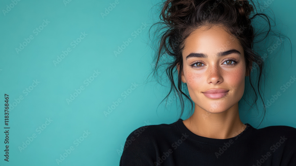 young woman with radiant smile and natural beauty against teal background young woman with radiant smile and natural beauty against teal background