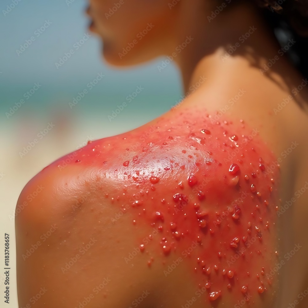 Fototapeta premium Severe Sunburn on a Person's Shoulder, Red Skin with Blisters