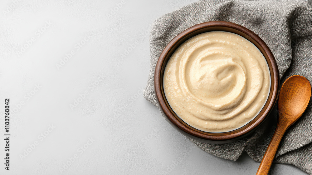 Creamy vanilla dessert in bowl with wooden spoon on gray cloth Creamy vanilla dessert in bowl with wooden spoon on gray cloth