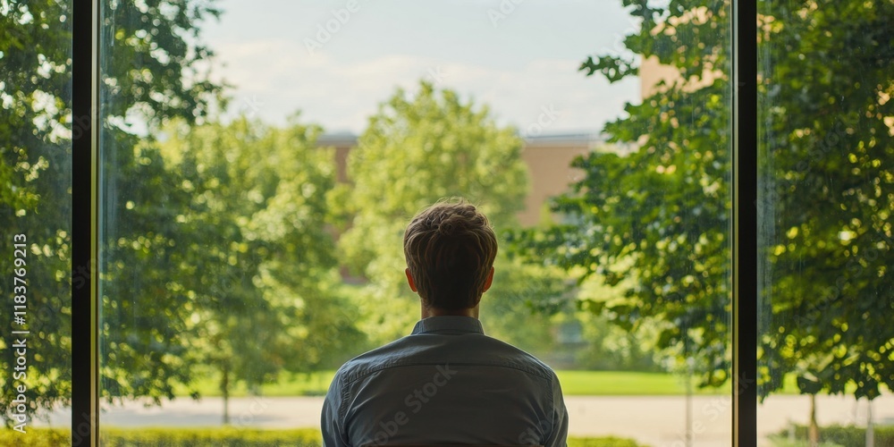 Serene Contemplation: A Man Embracing Nature's Tranquility through a Window Serene Contemplation: A Man Embracing Nature's Tranquility through a Window