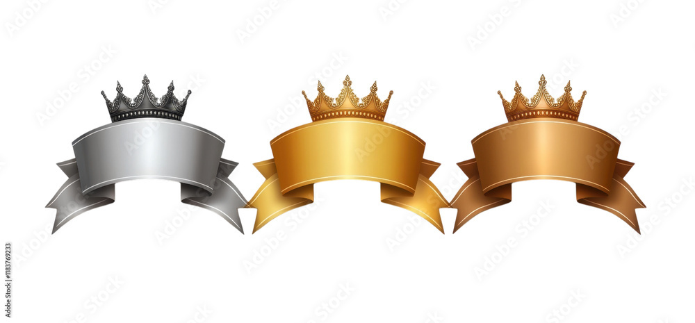 Three crowns with ribbons in silver, gold, and bronze symbolize achievement and excellence. crowns are detailed and ornate, each with matching ribbon that enhances their regal appearance Three crowns with ribbons in silver, gold, and bronze symbolize achievement and excellence. crowns are detailed and ornate, each with matching ribbon that enhances their regal appearance