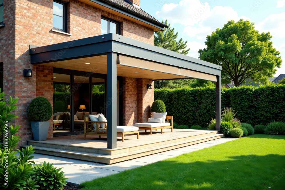 Fototapeta premium Modern conservatory with awning in the garden, conservatory, architecture, awning