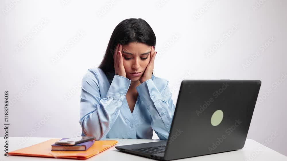 Latin businesswoman showing stress and disappointment at work in slow motion Latin businesswoman showing stress and disappointment at work in slow motion