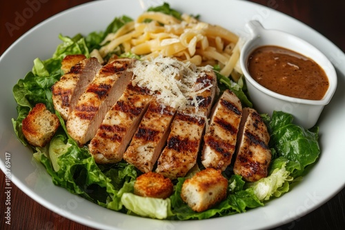 Tasty salad featuring croutons grilled chicken parmesan and cos lettuce served with dressing in a gravy boat easy and healthy dish bird s eye view photo