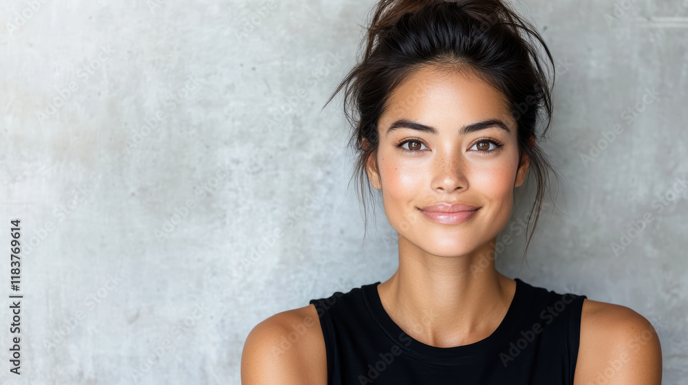 Confident Asian woman smiling with natural beauty against gray background Confident Asian woman smiling with natural beauty against gray background