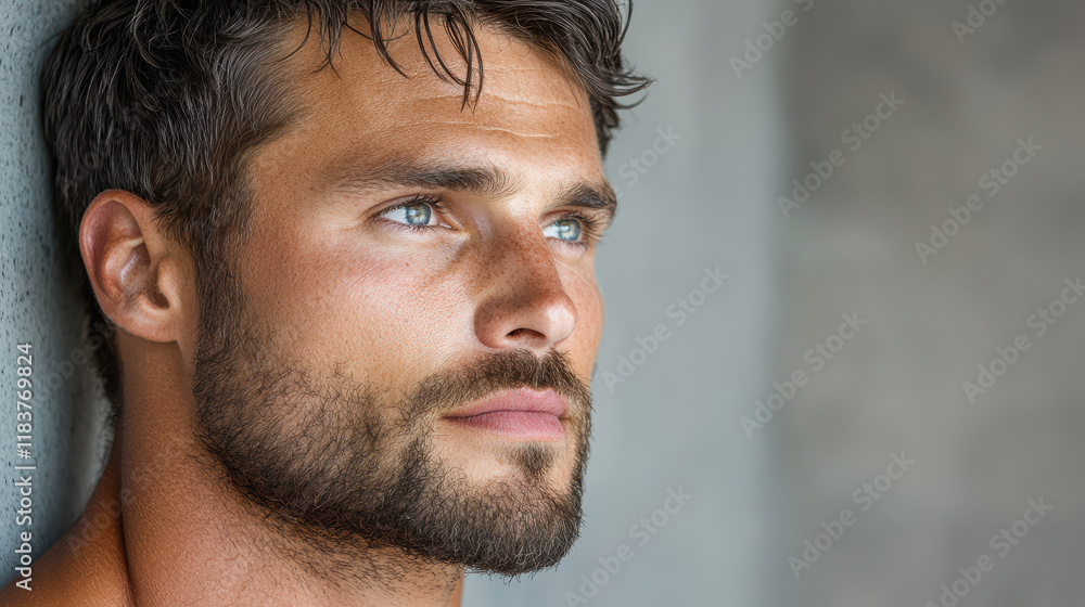 Obraz premium Fit man with chiseled jaw and blue eyes, expressing deep thought and confidence