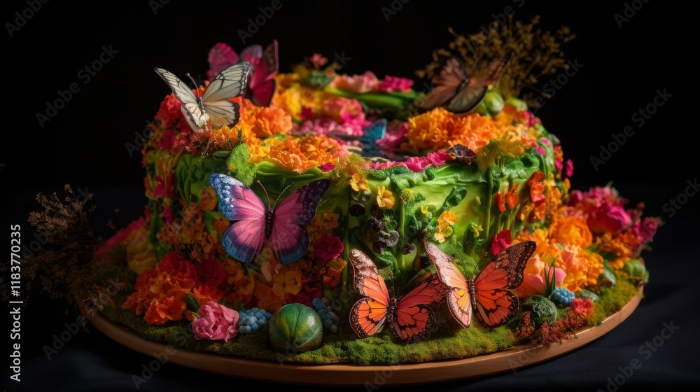 Fototapeta premium The fantasy cake is shaped like a blooming garden. The macaroni pieces are colored in bright shades of green, pink, and orange, forming a flower and leaf pattern.