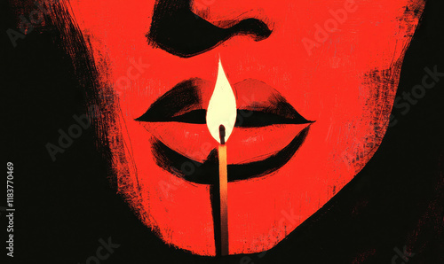 Dramatic Red and Black Illustration of Lips Silhouetted by Match Flame