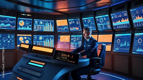 Business Analyst Working in Control Room with Multiple Data Screens and Digital Dashboards

 photo