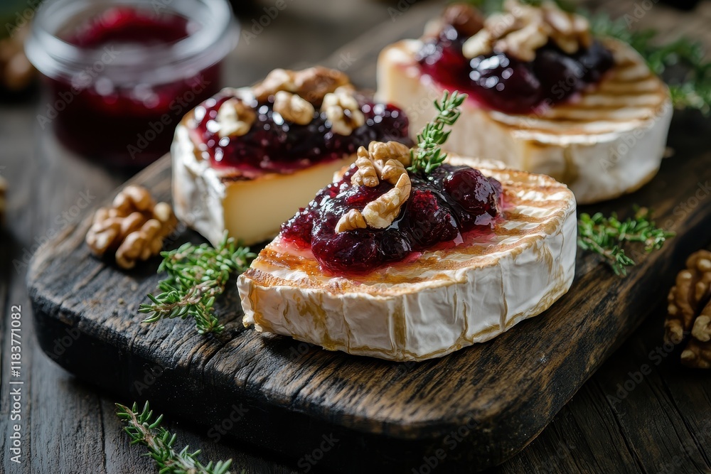 Toasted brie with cranberry preserves and walnuts on a rustic wood backdrop Toasted brie with cranberry preserves and walnuts on a rustic wood backdrop