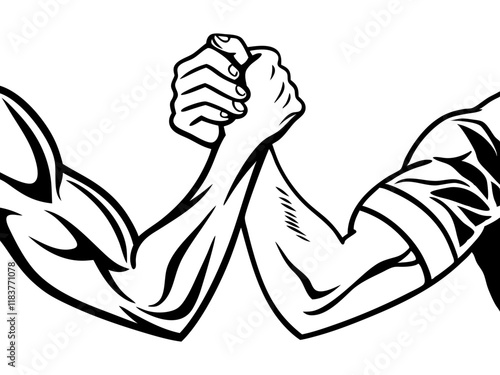 Arm Wrestling Line Art Illustration. Strength Concept Design