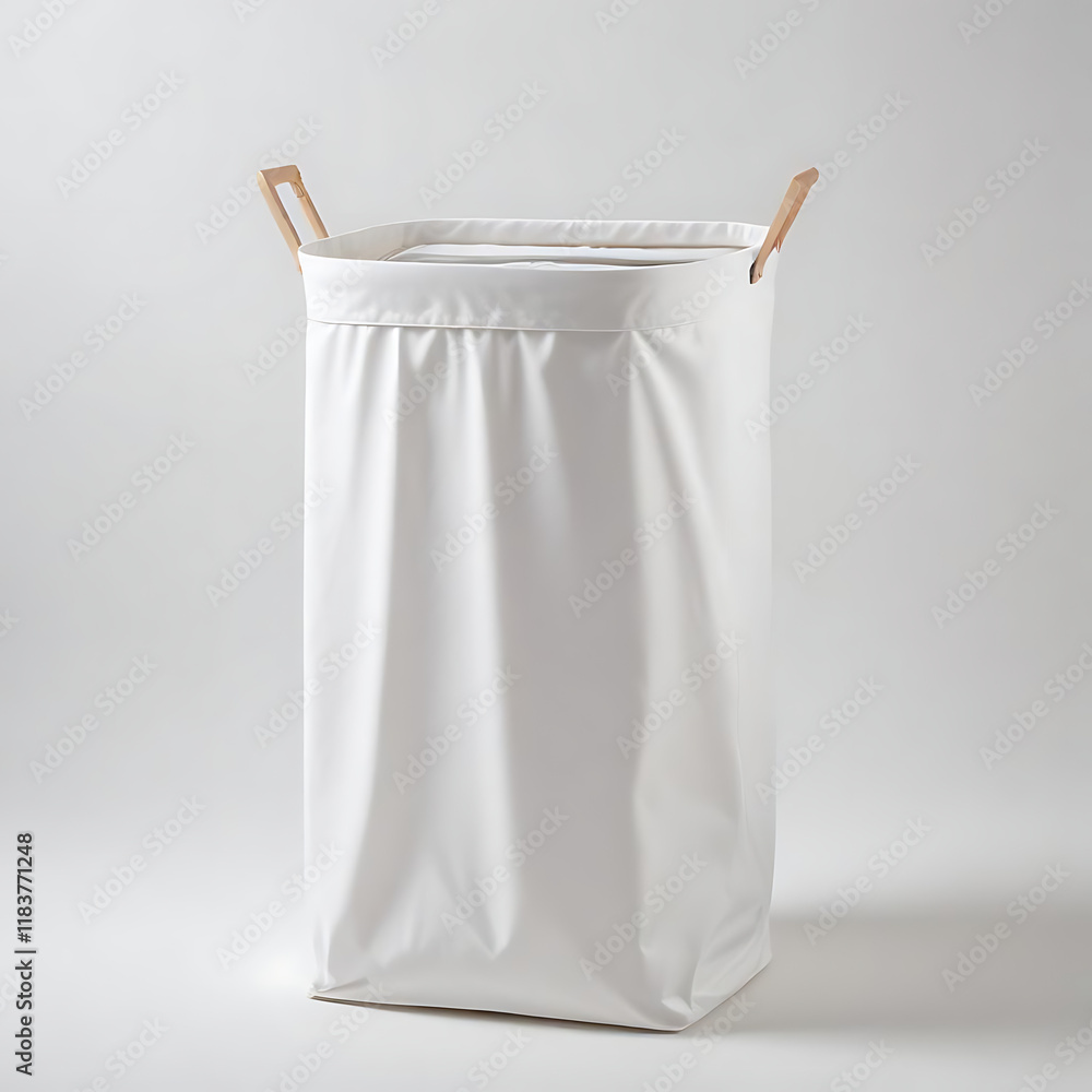 A compact laundry hamper with a foldable design, placed on a clean white background. A compact laundry hamper with a foldable design, placed on a clean white background.