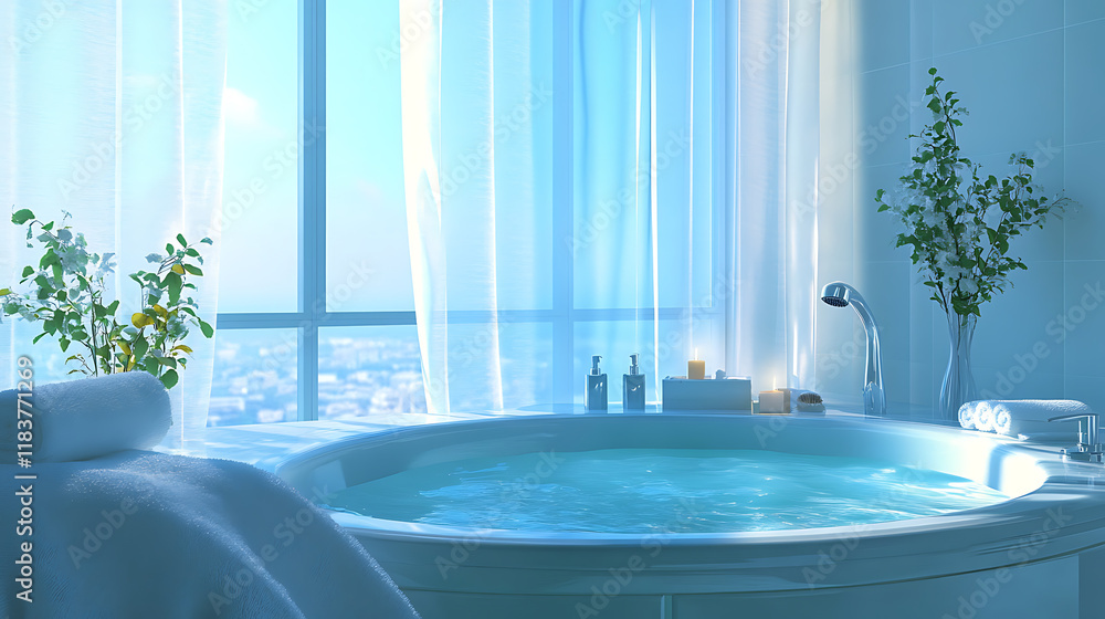 Fototapeta premium Light bathroom interior with tub and accessories, panoramic window