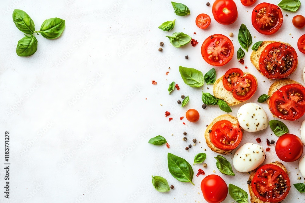 Tomato mozzarella and basil bruschetta on a light backdrop Classic Italian starter or snack antipasto Overhead view with empty space Flat lay Tomato mozzarella and basil bruschetta on a light backdrop Classic Italian starter or snack antipasto Overhead view with empty space Flat lay
