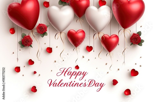 Red and white heart-shaped balloons and roses with 