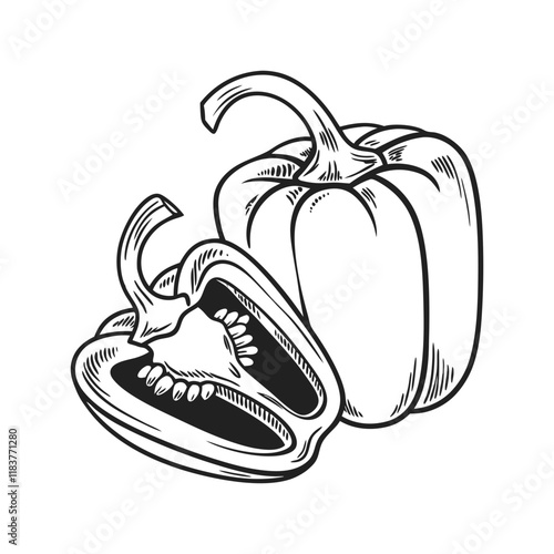 Bell Pepper. Vector Line Art Illustration