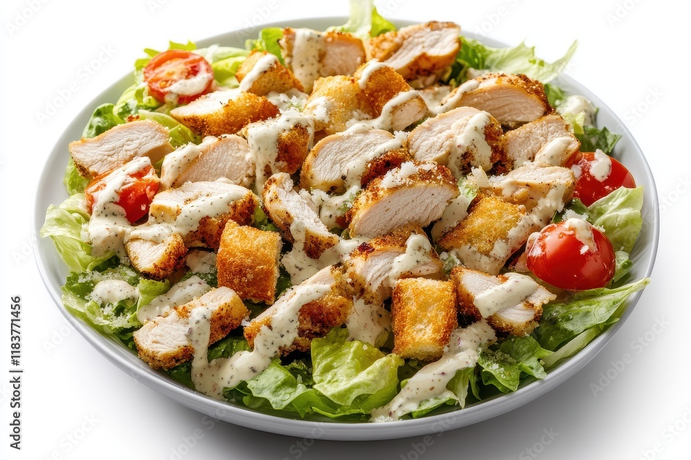 Top down view of a Caesar salad featuring chicken tomatoes iceberg lettuce croutons parmesan and dressing on a white table Top down view of a Caesar salad featuring chicken tomatoes iceberg lettuce croutons parmesan and dressing on a white table