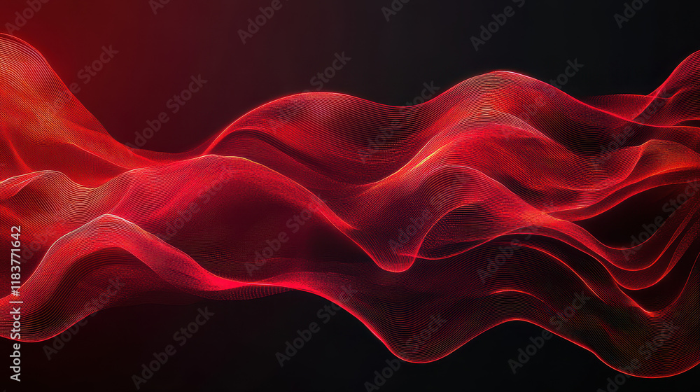 Obraz premium Red wave, red gradient, black background, high-end texture, digital art, red flowing lines, glowing effect, red glow