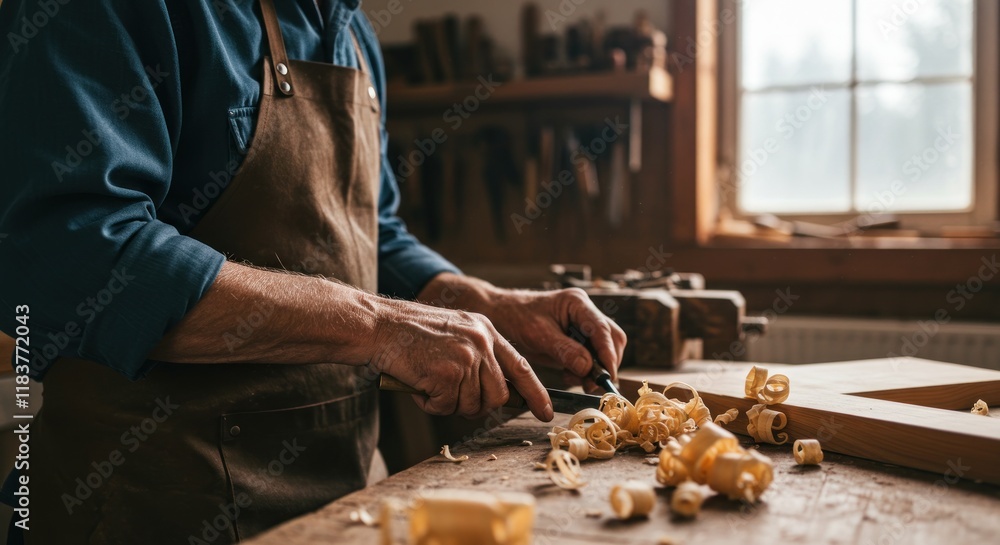 Carpenter crafting wooden piece in workshop Carpenter crafting wooden piece in workshop