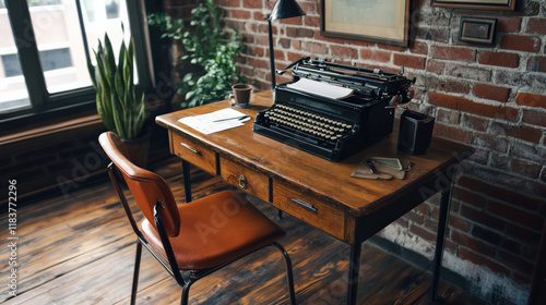 vintage wooden desk with typewriter, potted plant, and chair in cozy room. brick wall adds warmth to workspace, creating nostalgic atmosphere for writing photo