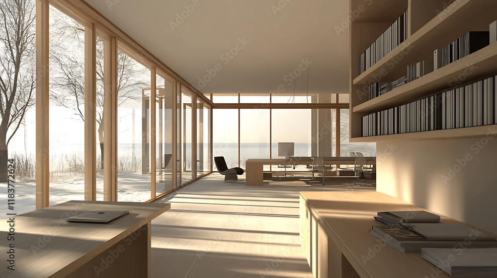 Fototapeta premium Light office interior with chill and work area, shelf and panoramic window