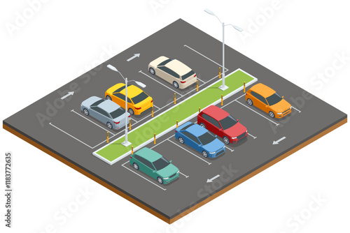 Isometric parking lot illustration with multiple cars and green spaces. Vector graphic showcasing road signs, arrows, and street lights
