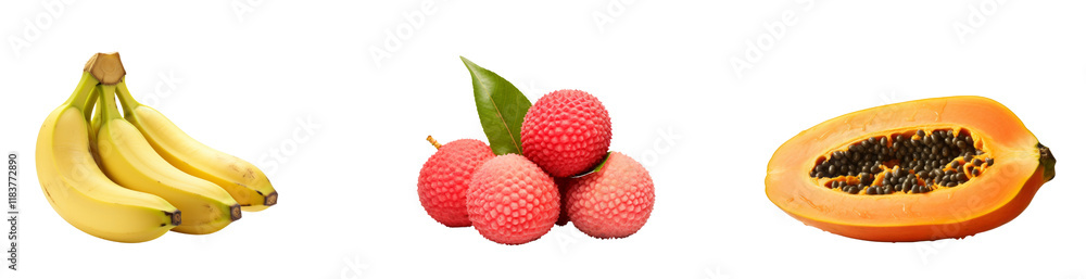 fruit collection of banana, lychee and papaya isolated on transparent background.fruit and vegetable for food element. food and healthy concept. fruit collection of banana, lychee and papaya isolated on transparent background.fruit and vegetable for food element. food and healthy concept.