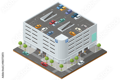 Multi-level parking building illustration in isometric style. Showcases various floors of organized parking with cars and urban surroundings