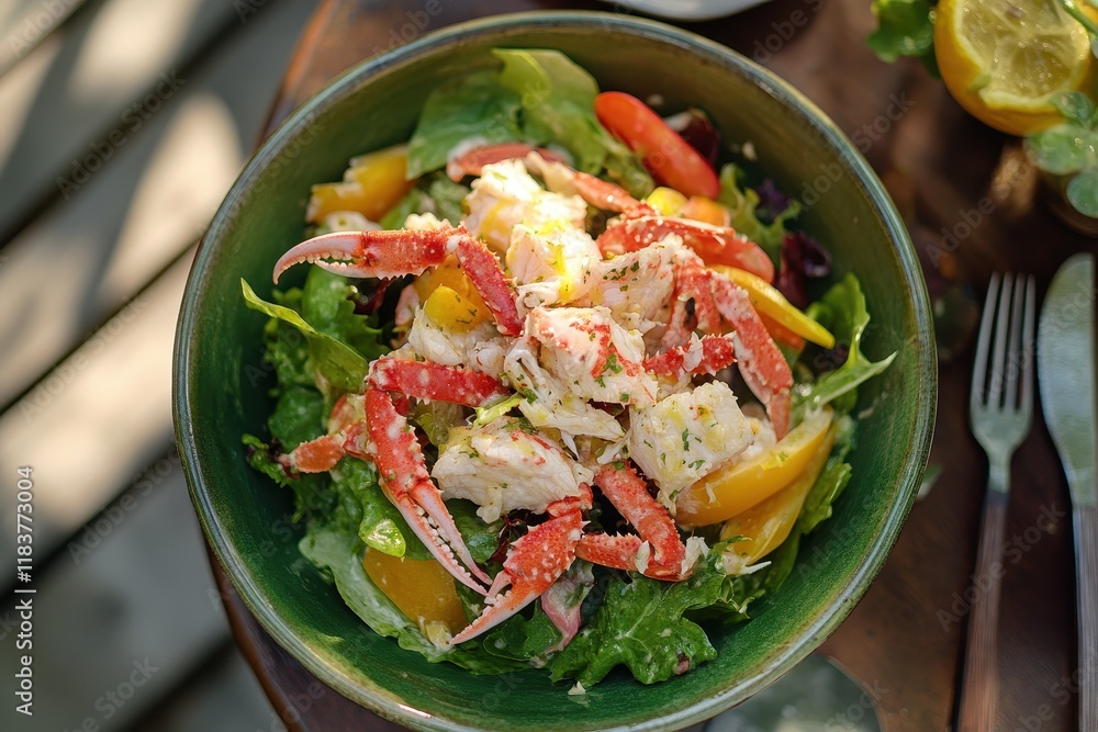 Top view of a healthy crab salad in a green dish Top view of a healthy crab salad in a green dish